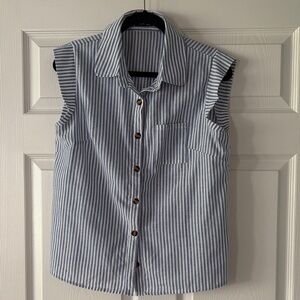 Blue and White Striped Sleeveless Button-Up Shirt